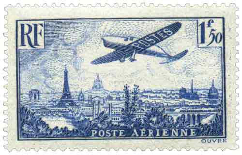 Timbre Poste aérienne : Avion survolant Paris (1fr50)