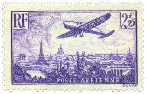 Timbre Poste aérienne :  Avion survolant Paris (2fr25)