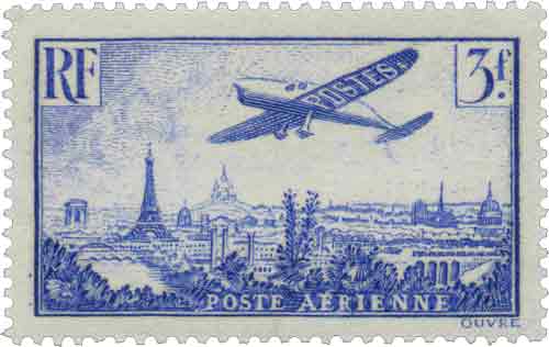 Timbre Poste aérienne : Avion survolant Paris (3 frs)