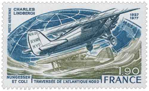 Timbre : CHARLES LINDBERGH CHARLES NUNGESSER ET COLIS 1927-1977 TRAVERSÉE DE L'ATLANTIQUE NORD