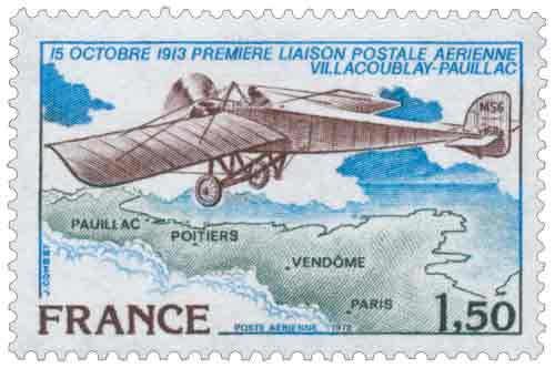 Timbre : 15 OCTOBRE 1913 PREMIÈRE LIAISON POSTALE AÉRIENNE VILLACOUBLAY-PAUILLAC