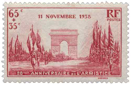 Timbre : 20ème anniversaire de la Victoire. Défilé du 11 novembre 1938