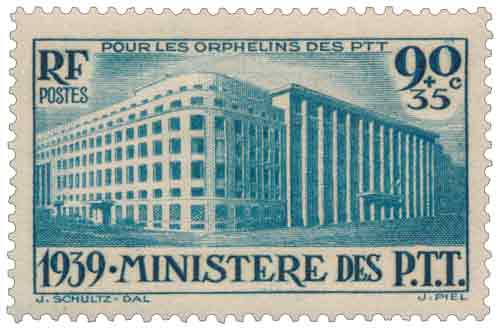 Timbre : POUR LES ORPHELINS DES PTT 1939. MINISTÈRE DES P.T.T.