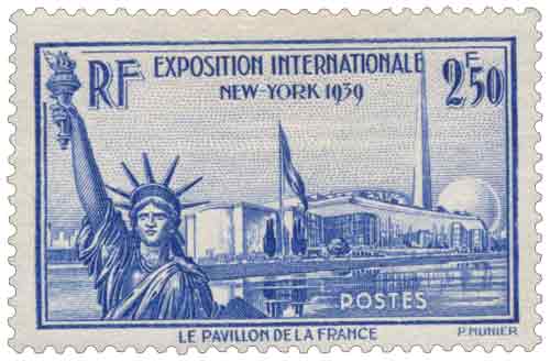 Timbre : EXPOSITION INTERNATIONALE NEW-YORK 1939 LE PAVILLON DE LA FRANCE