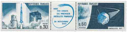 Timbre : MISE SUR ORBITE DU PREMIER SATELLITE FRANÇAIS 26 NOVEMBRE 1965