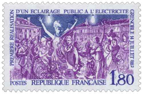 Timbre : PREMIÈRE RÉALISATION D'UN ÉCLAIRAGE PUBLIC À L'ÉLECTRICITÉ GRENOBLE 14 JUILLET 1882