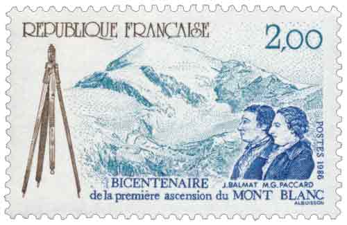Timbre : BICENTENAIRE de la première ascension du MONT BLANC J. BALMAT M. G. PACCARD