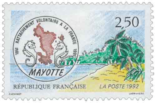Timbre : MAYOTTE RATTACHEMENT VOLONTAIRE A LA FRANCE 1841-1991