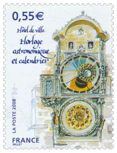 Timbre :Hôtel de ville Horloge astronomique et calendrier