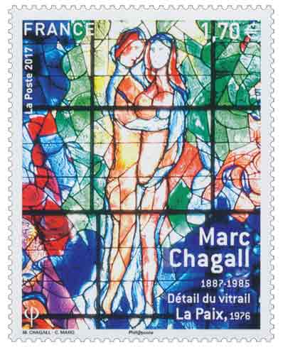 Timbre : Marc Chagall 1887-1985 - Détail du vitrail La Paix 1976