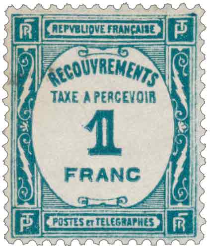 Timbre: recouvrement Taxe à percevoir 1 Franc