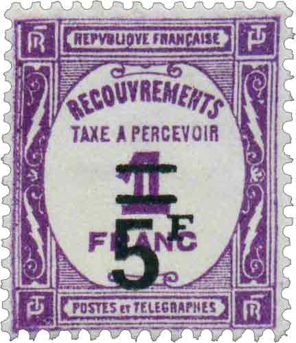 Timbre: recouvrement 1 Fr surchargé "5 Fr"